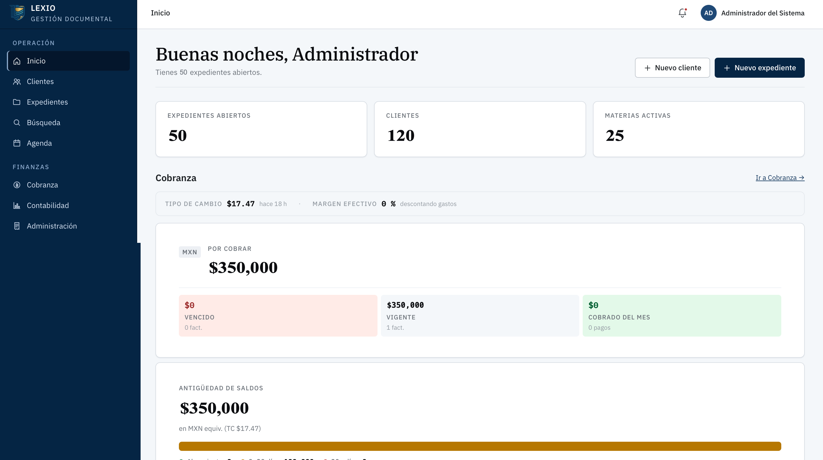 Panel de inicio de LEXIO con indicadores y cobranza